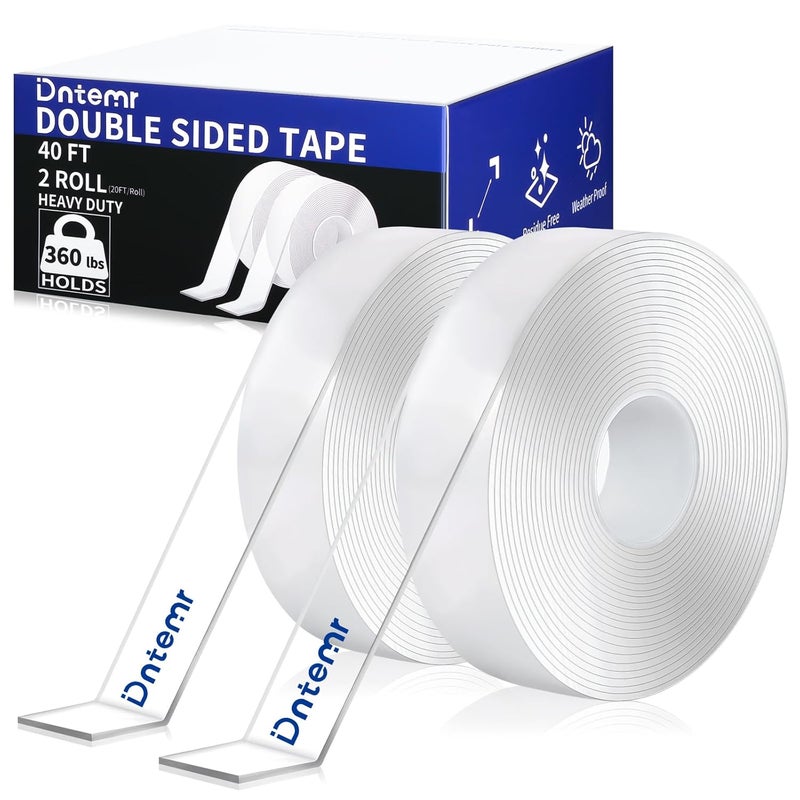 Dntemr Double Sided Tape Heavy Duty 2 Rolls Nano Tape (Total 40 Feet) for Poster Carpet Picture Hanging Strip Rug Strong Adhesive Multipurpose Clear Mounting Two Stick Sided DIY Tape - Image 1